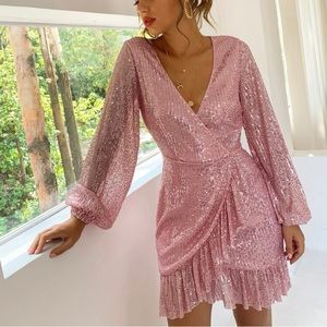 D&M surplice neck lantern sleeve ruffle hem sequin dress